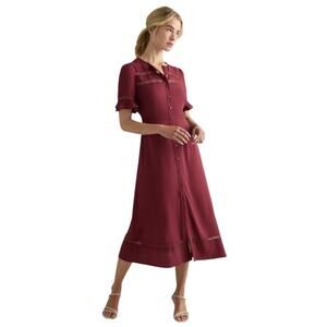New Quince Lightweight Crepe Lace Inset Midi Dress Women’s Medium Maroon